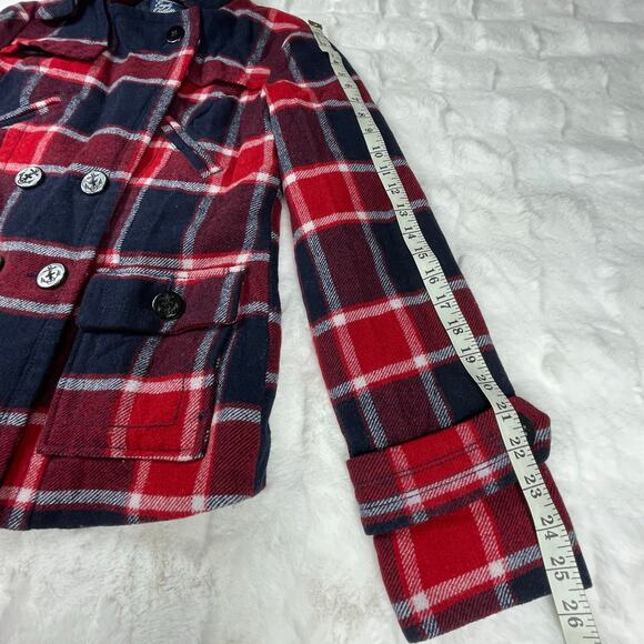 🔥American Eagle Wool Blend Plaided Red Blue Military Style Peacoat Jacket Sz M - Picture 15 of 16